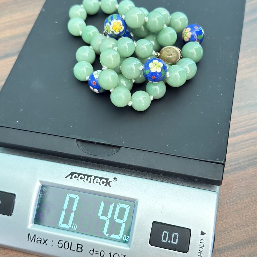 Vintage Chinese Jade & Cloisonné Bead Necklace 24" Nephrite Green Floral Accents - Picture 10 of 12